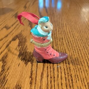 Vintage Trinket Box 3” Ornament Mouse In A Red Boot Hallmark